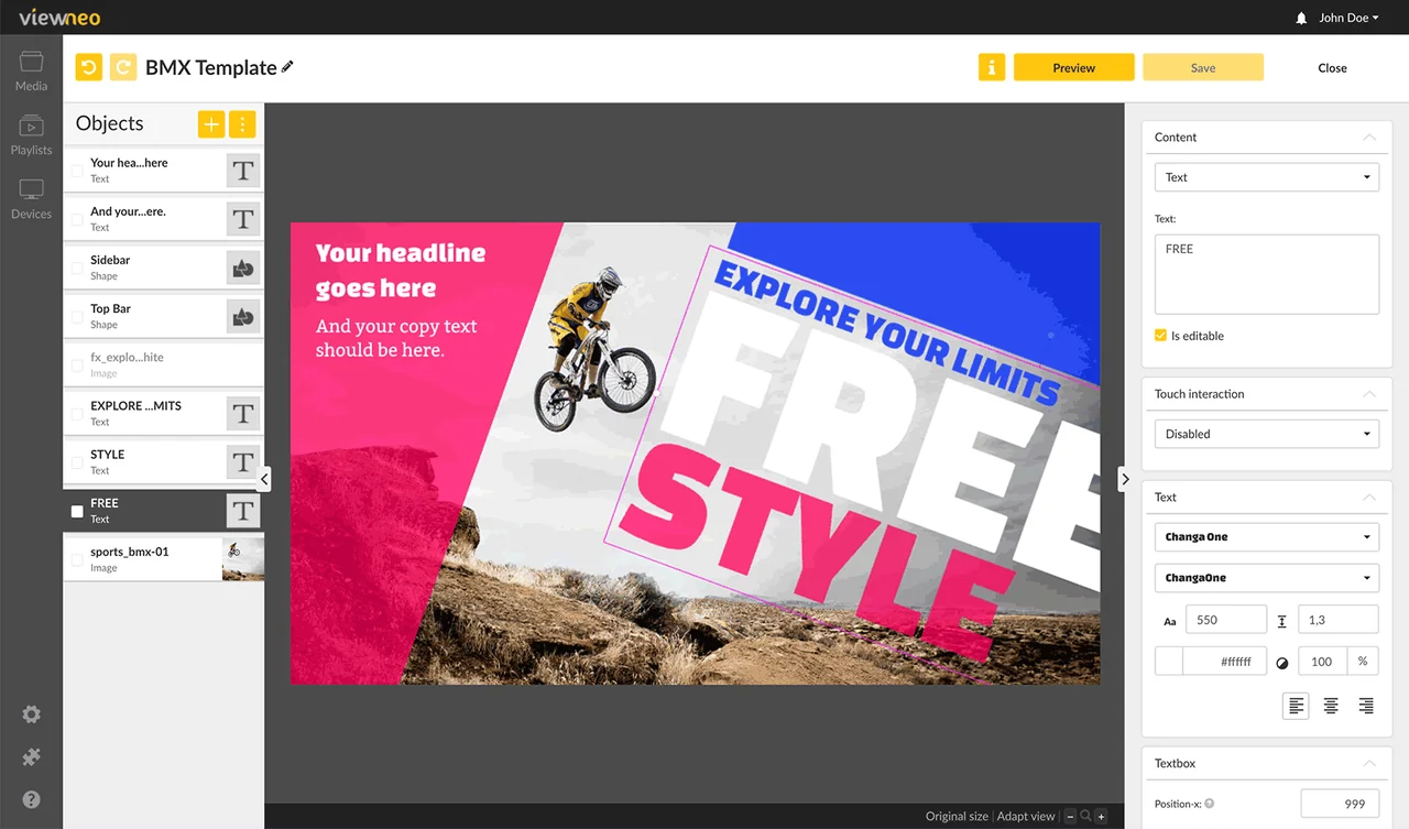 Viewneo template editor with text layers and canvas