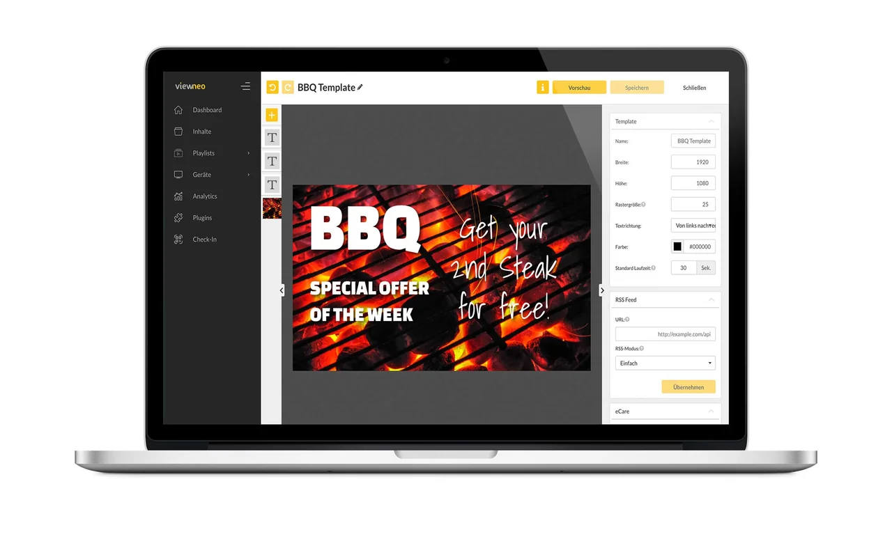 Viewneo editor on a laptop with a BBQ offer template